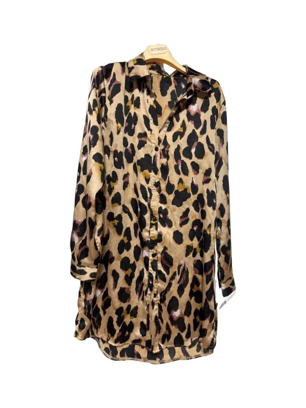 Rochie tip cămașă QUIZ EU 38 | Caramel, Mini, Mânecă lungă, Animal print, Poliester