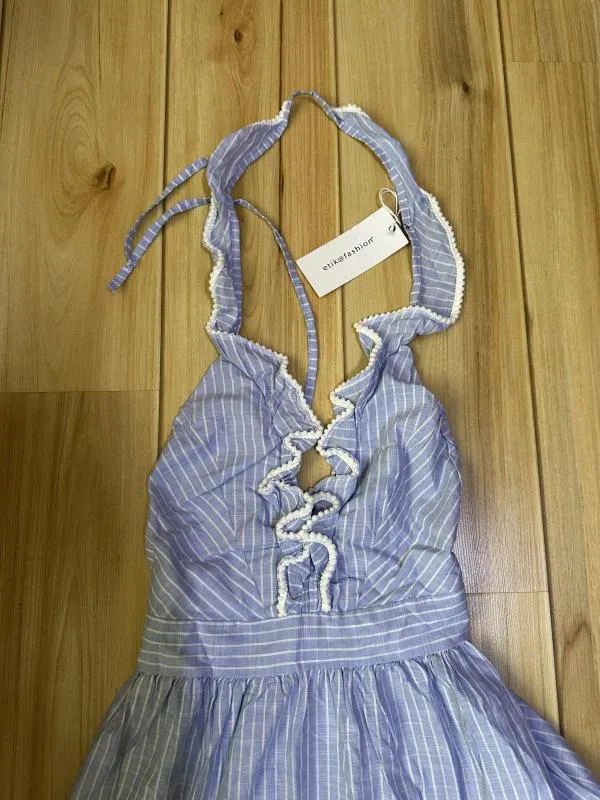 Rochie de seară Etika EU 36 | Bleu, Maxi, Bretele după gât, Dungi, Bumbac - Image 3