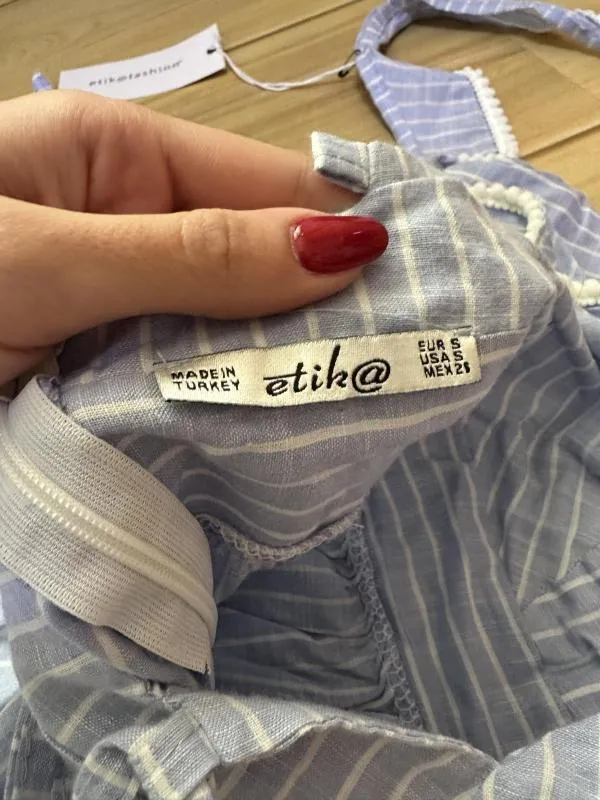 Rochie de seară Etika EU 36 | Bleu, Maxi, Bretele după gât, Dungi, Bumbac - Image 5