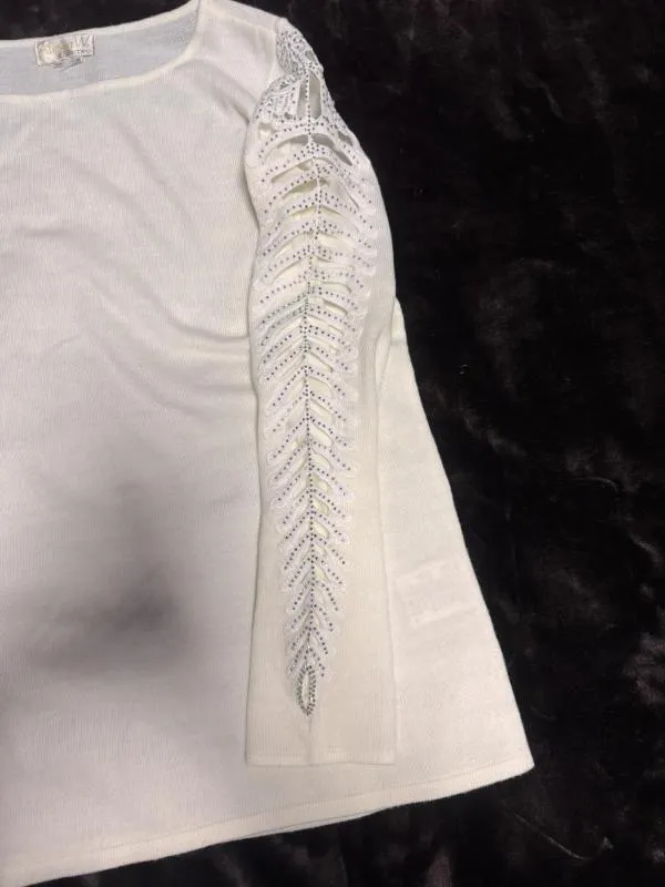 Bluză Alessa W. EU 38 | Alb, Normal, Mânecă lungă, Paiete, Acrilic - Image 4