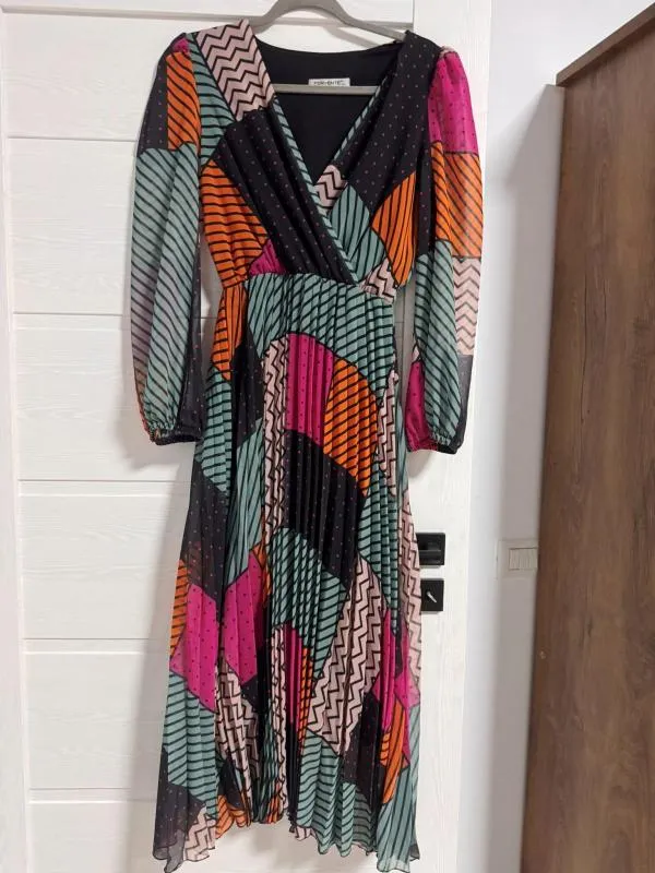 Rochie casual FERVENTE EU 38 | Multicolor, Midi, Mânecă lungă, Abstract & Color Block, Pliuri, Poliester - Image 2