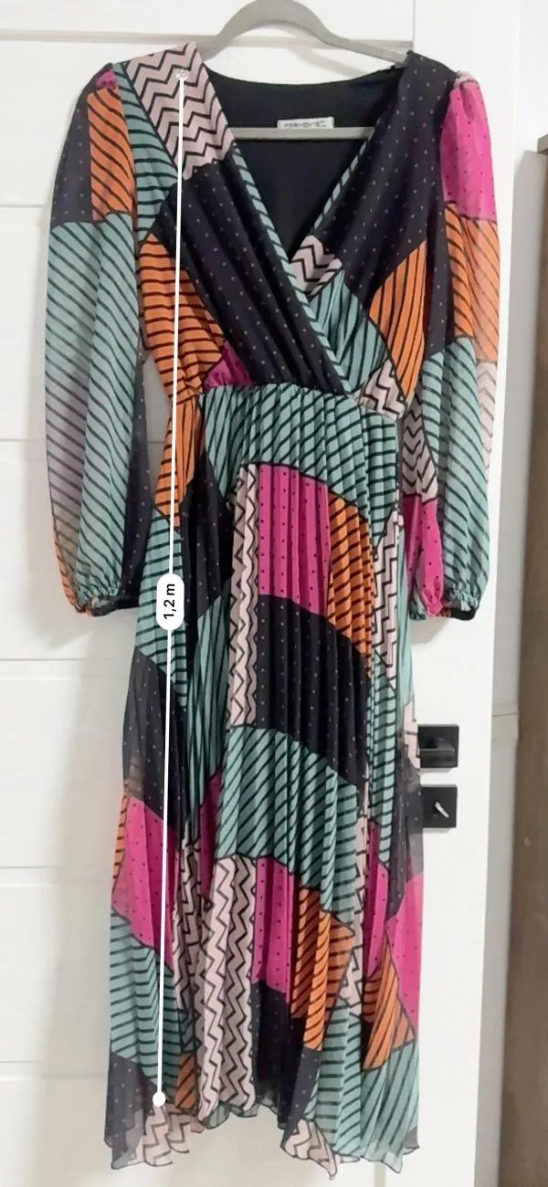 Rochie casual FERVENTE EU 38 | Multicolor, Midi, Mânecă lungă, Abstract & Color Block, Pliuri, Poliester - Image 6