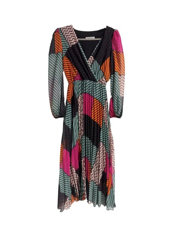 Rochie casual FERVENTE EU 38 | Multicolor, Midi, Mânecă lungă, Abstract & Color Block, Pliuri, Poliester