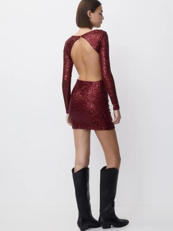 Rochie de seară Pull&Bear EU 36 | Burgundy, Mini, Mânecă lungă, Paiete - Image 7