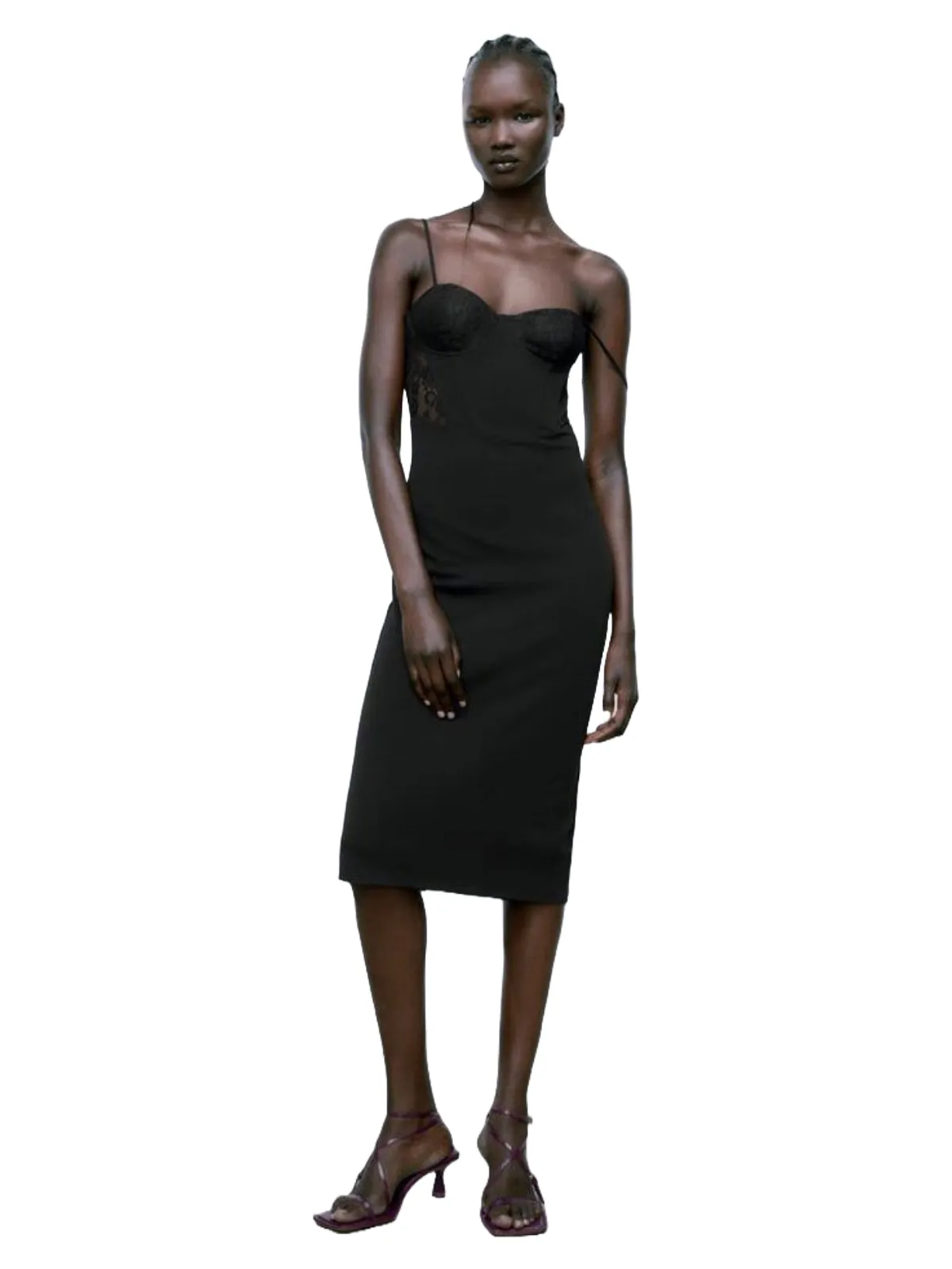 Rochie de seară Zara EU 38 | Negru, Midi, Bretele subțiri, Dantelă