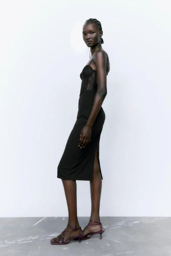 Rochie de seară Zara EU 38 | Negru, Midi, Bretele subțiri, Dantelă - Image 3