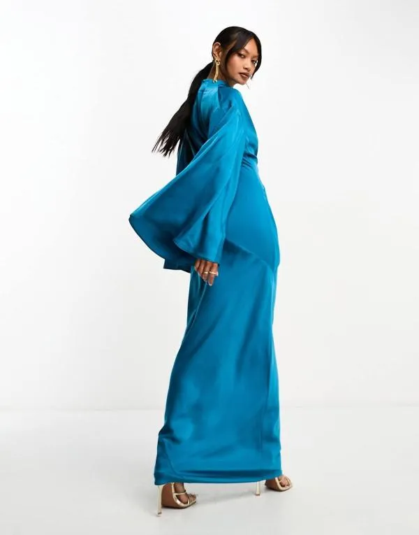Rochie de seară ASOS EU 40 | Turcoaz, Maxi, Mânecă lungă, Satinat - Image 3