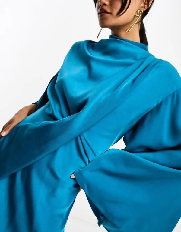 Rochie de seară ASOS EU 40 | Turcoaz, Maxi, Mânecă lungă, Satinat - Image 4