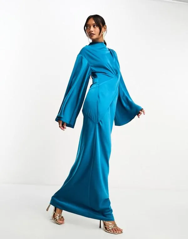 Rochie de seară ASOS EU 40 | Turcoaz, Maxi, Mânecă lungă, Satinat - Image 2