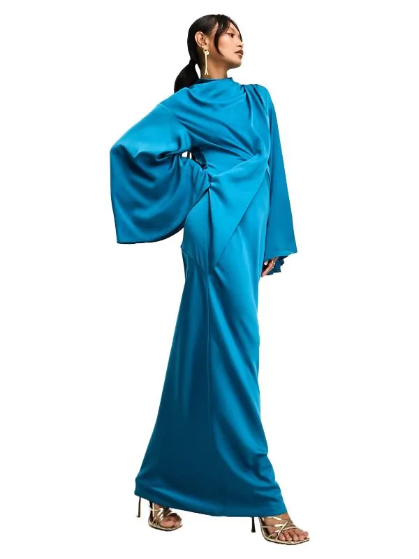 Rochie de seară ASOS EU 40 | Turcoaz, Maxi, Mânecă lungă, Satinat