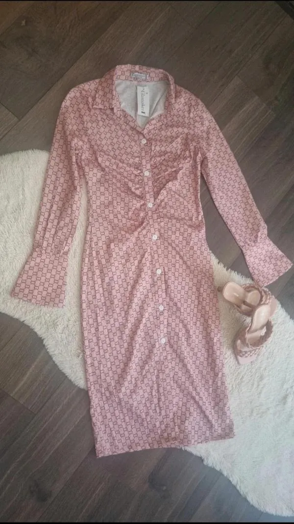 Rochie tip cămașă Glamaker EU 36 | Roz, Midi, Mânecă lungă, Carouri - Image 4