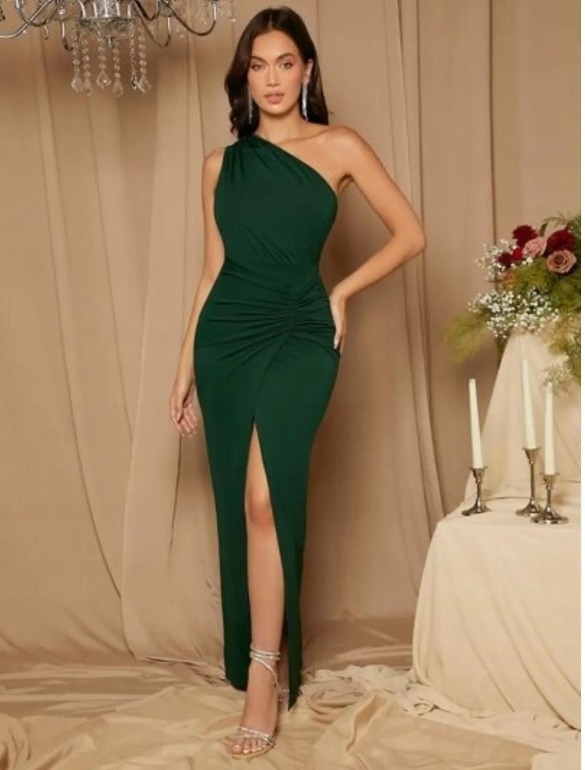 Rochie de seară Shein EU 40 | Verde, Midi, Pe un umăr