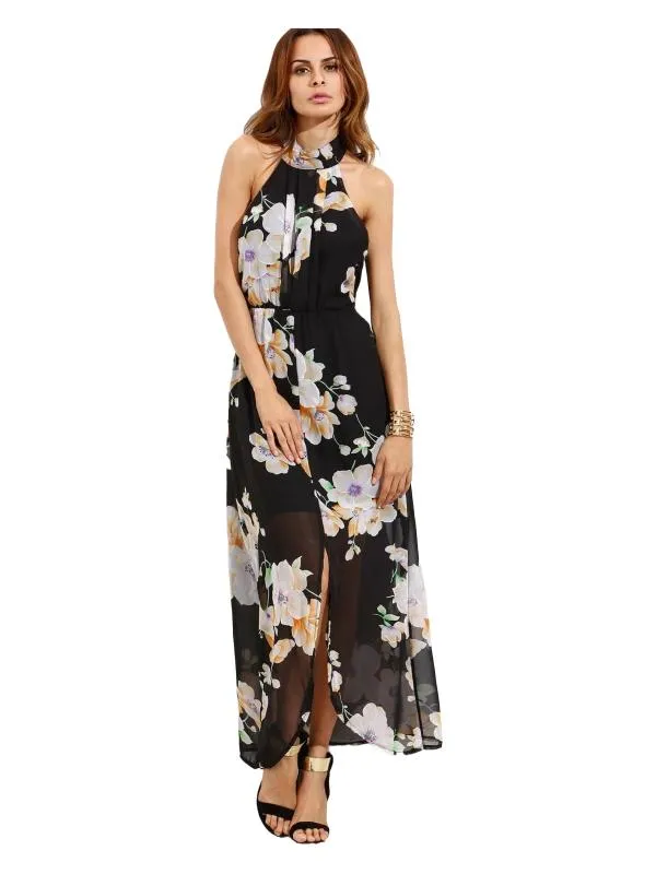 Rochie de vară Shein EU 40 | Negru, Midi, Cu umerii goi, Floral & Tropical