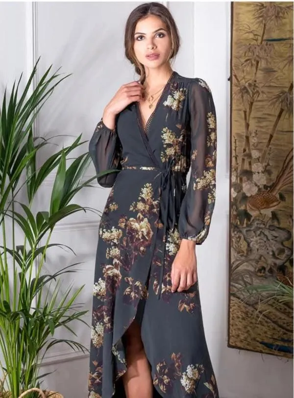 Rochie de seară Hope & Ivy EU 38 | Verde, Maxi, Mânecă lungă, Floral Tropical, Volane