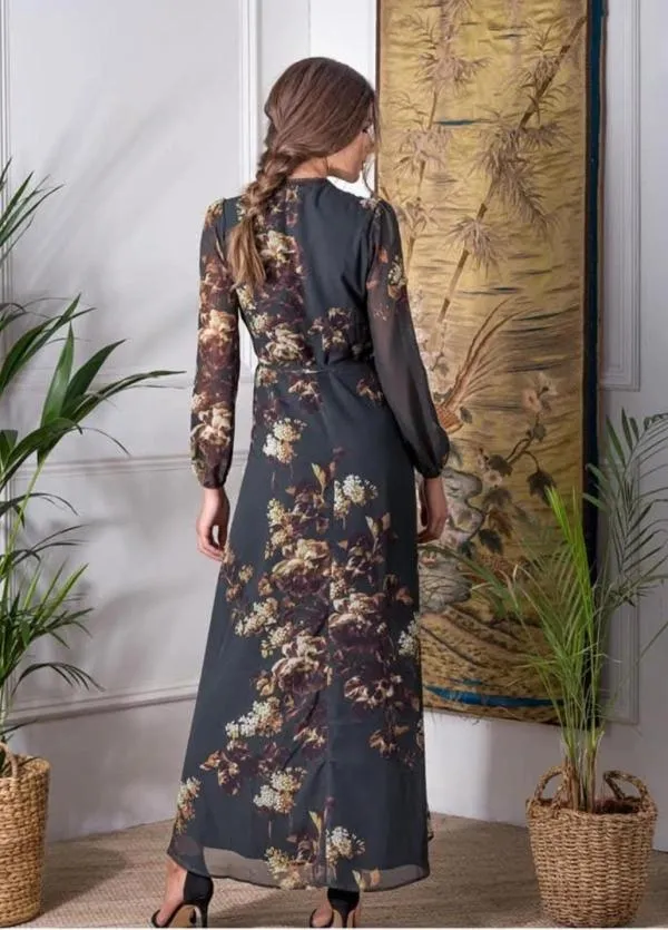 Rochie de seară Hope & Ivy EU 38 | Verde, Maxi, Mânecă lungă, Floral Tropical, Volane - Image 2