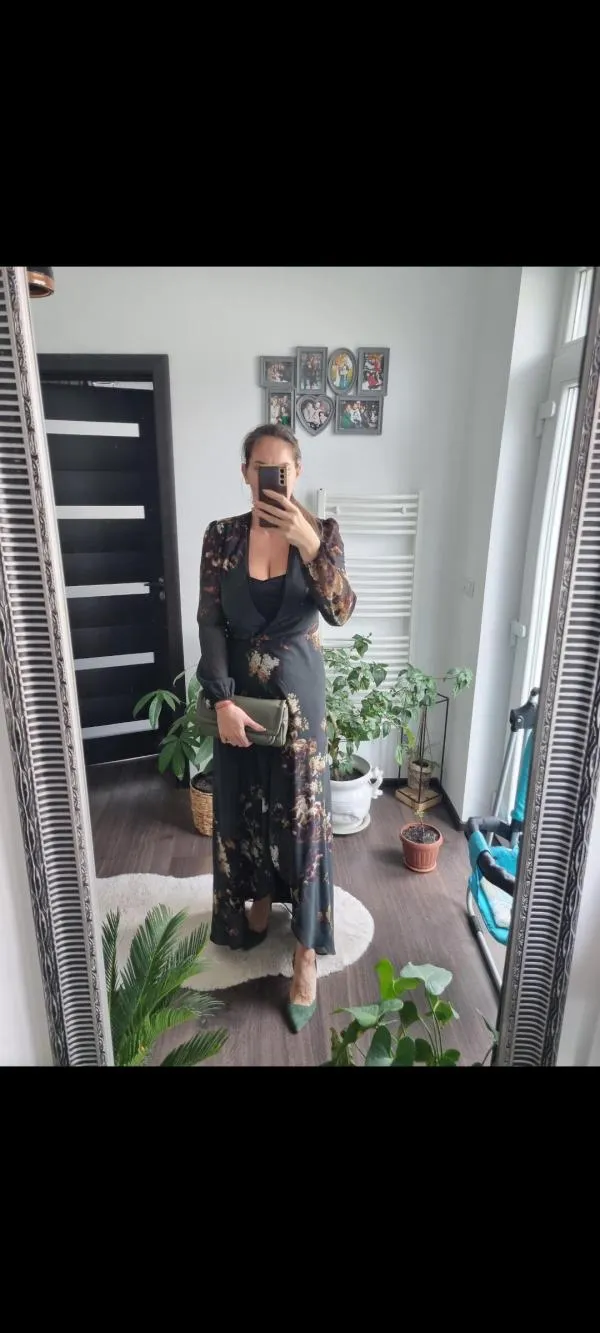 Rochie de seară Hope & Ivy EU 38 | Verde, Maxi, Mânecă lungă, Floral Tropical, Volane - Image 3