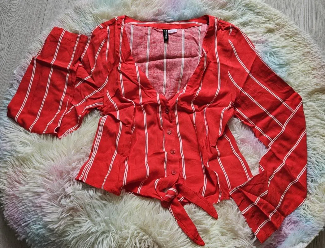 Cămașă H&M EU 34 | Roșu, Normal, Mânecă lungă, Dungi, Vâscoză - Image 2
