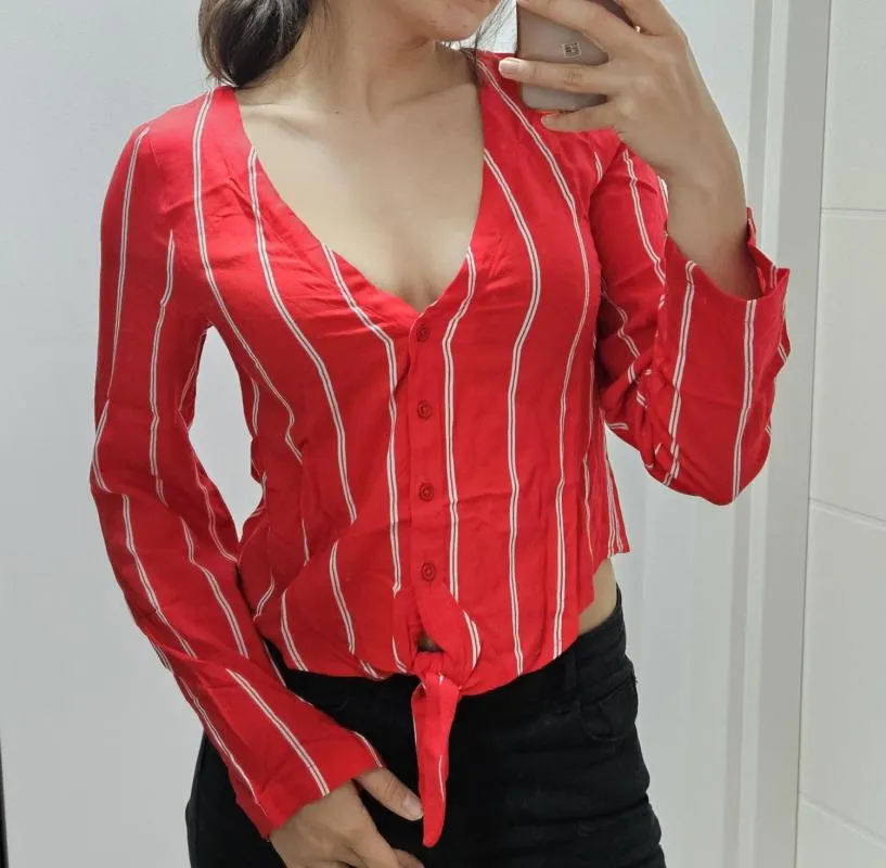 Cămașă H&M EU 34 | Roșu, Normal, Mânecă lungă, Dungi, Vâscoză - Image 7