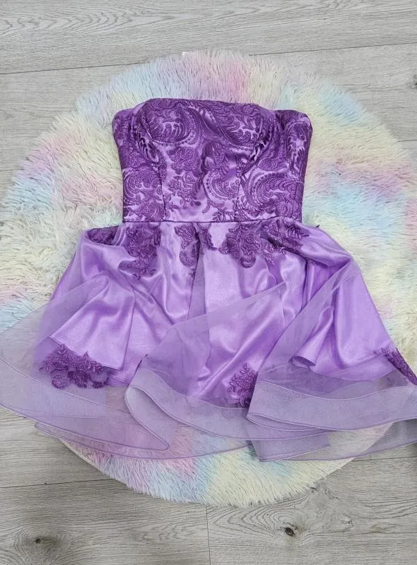 Rochie de ocazie EU 34 | Mov, Mini, Cu umerii goi, Dantelă