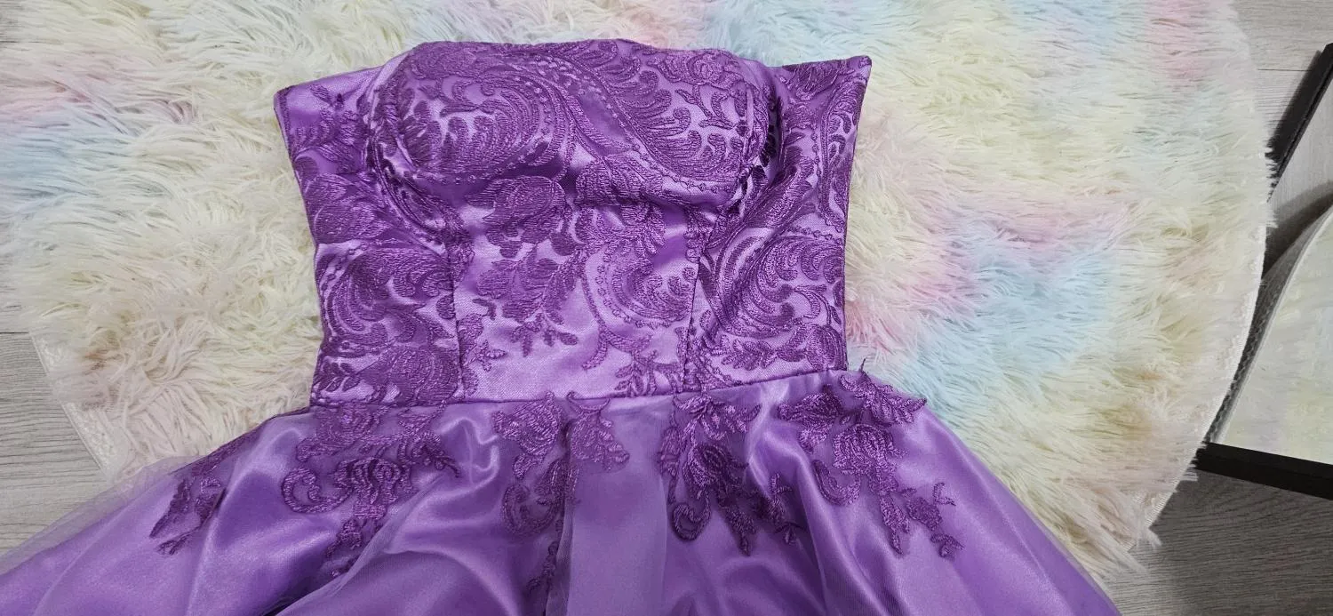 Rochie de ocazie EU 34 | Mov, Mini, Cu umerii goi, Dantelă - Image 5