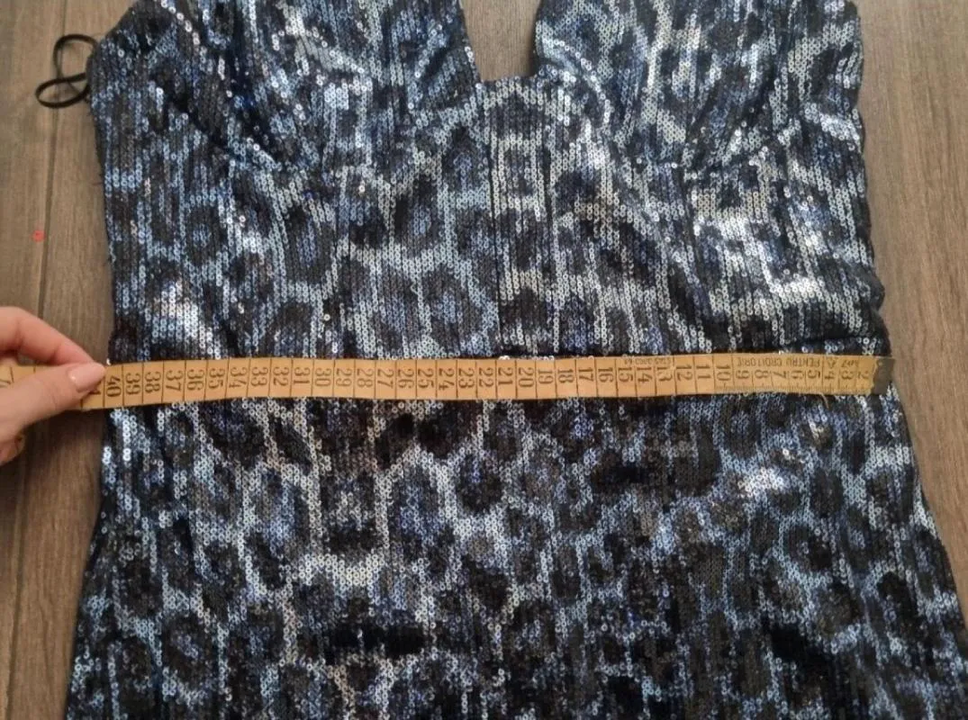 Rochie de seară Zara L | Albastru, Mini, Cu umerii goi, Animal print, Paiete - Image 11