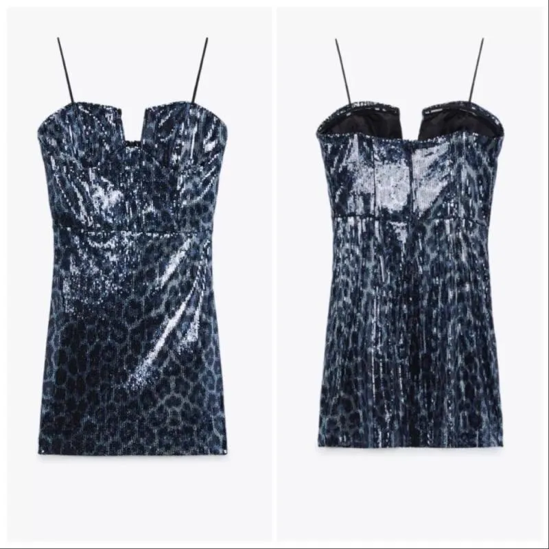 Rochie de seară Zara L | Albastru, Mini, Cu umerii goi, Animal print, Paiete - Image 2