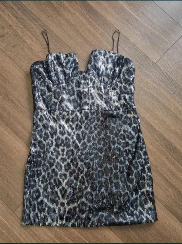 Rochie de seară Zara L | Albastru, Mini, Cu umerii goi, Animal print, Paiete - Image 5