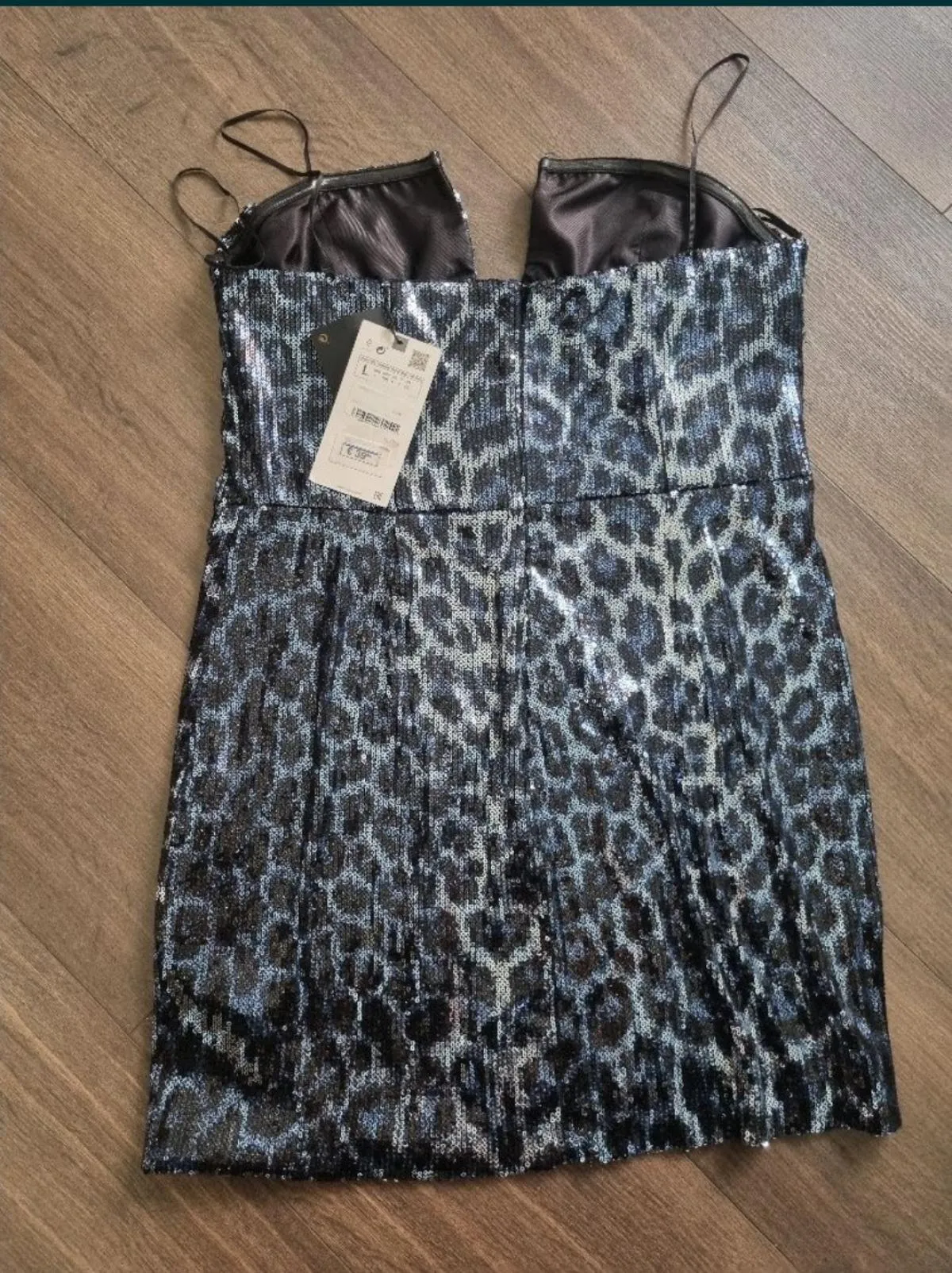 Rochie de seară Zara L | Albastru, Mini, Cu umerii goi, Animal print, Paiete - Image 6