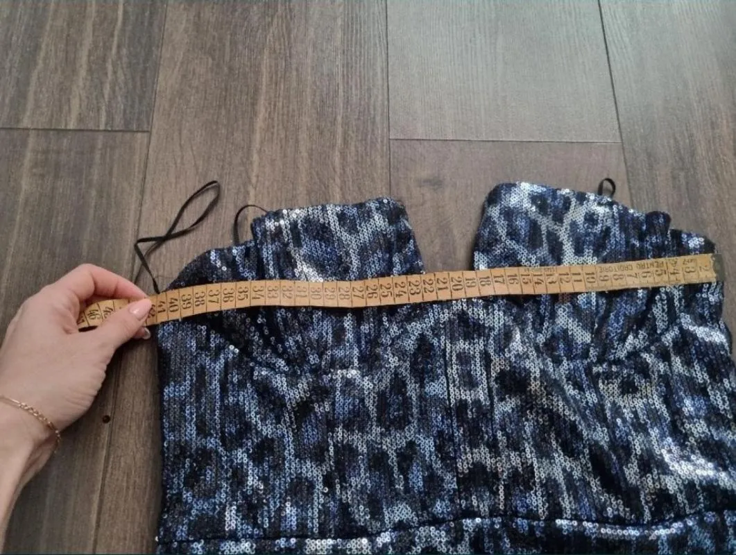 Rochie de seară Zara L | Albastru, Mini, Cu umerii goi, Animal print, Paiete - Image 9