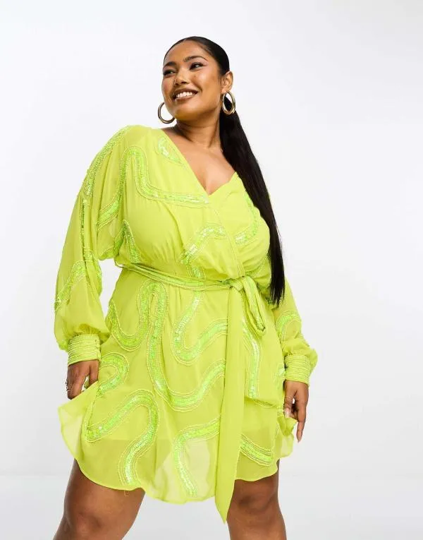 Rochie de seară ASOS EU 50 | Verde lime, Midi, Mânecă lungă, Paiete, Poliester - Image 2