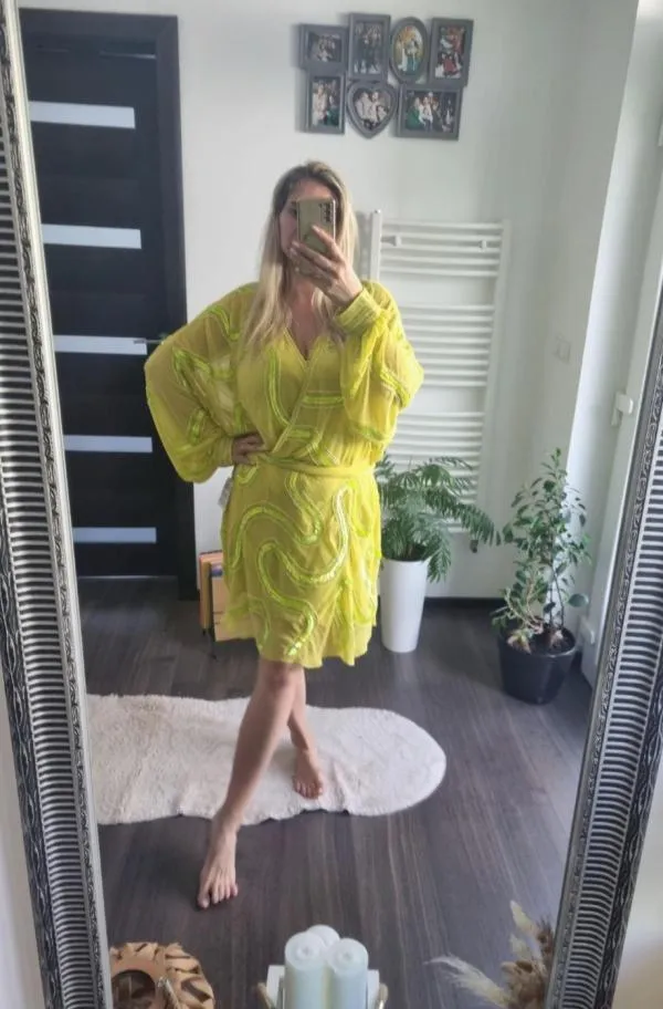 Rochie de seară ASOS EU 50 | Verde lime, Midi, Mânecă lungă, Paiete, Poliester - Image 5