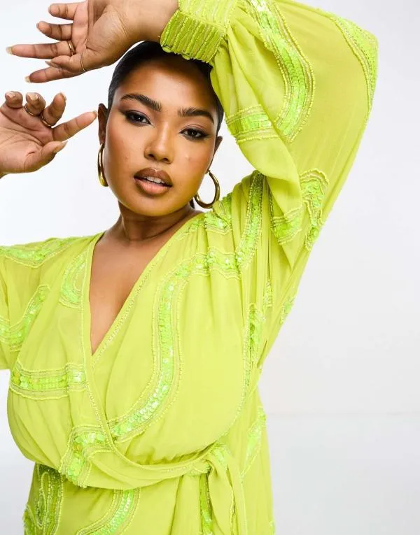 Rochie de seară ASOS EU 50 | Verde lime, Midi, Mânecă lungă, Paiete, Poliester - Image 4