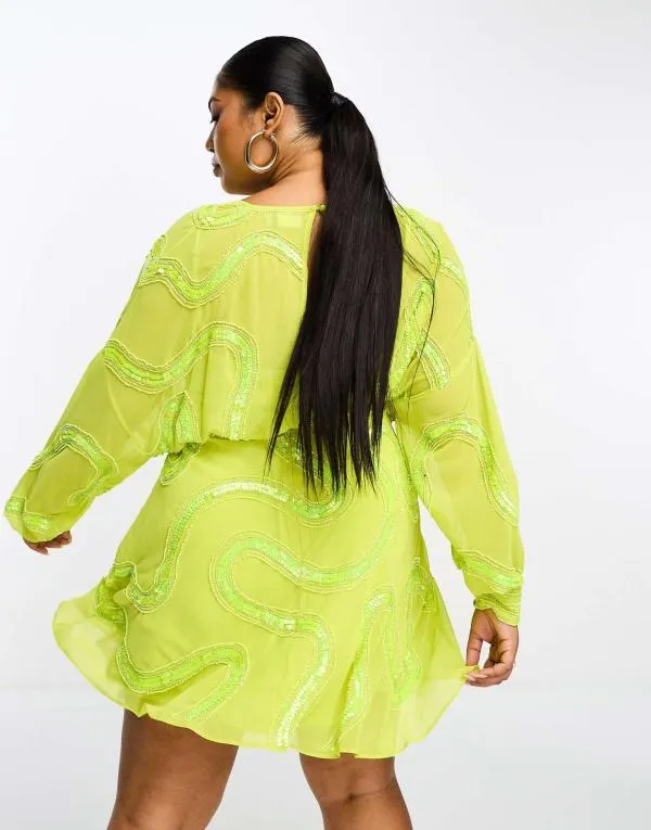 Rochie de seară ASOS EU 50 | Verde lime, Midi, Mânecă lungă, Paiete, Poliester - Image 3