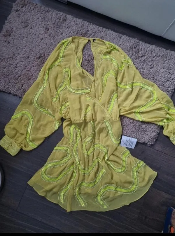 Rochie de seară ASOS EU 50 | Verde lime, Midi, Mânecă lungă, Paiete, Poliester - Image 8