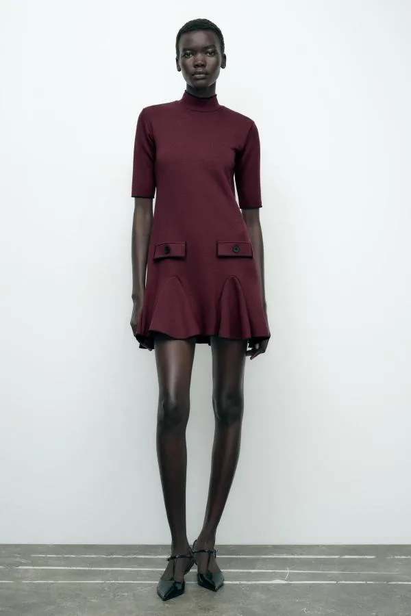 Rochie casual Zara EU 36 | Burgundy, Mini, Mânecă trei sferturi, Vâscoză - Image 3