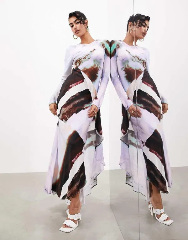 Rochie de seară ASOS EU 38 | Mov, Maxi, Mânecă lungă, Abstract & Color Block