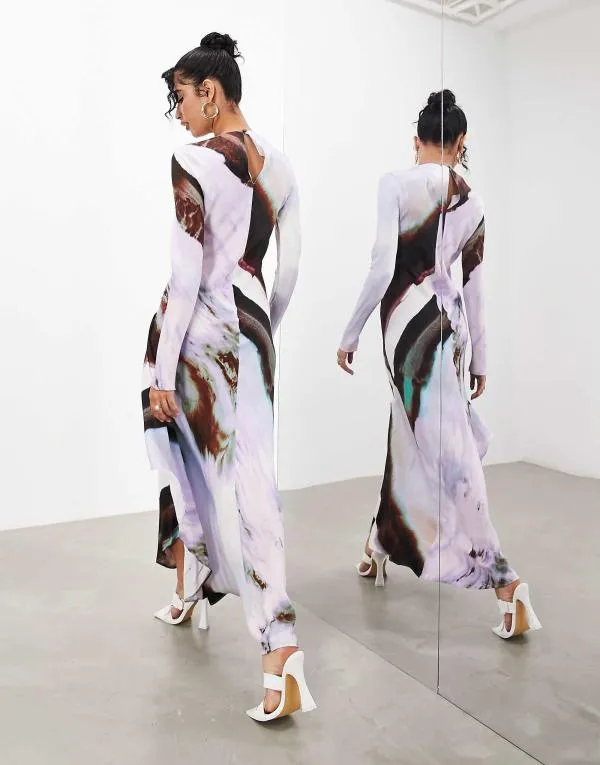 Rochie de seară ASOS EU 38 | Mov, Maxi, Mânecă lungă, Abstract & Color Block - Image 2