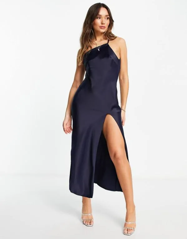 Rochie de seară ASOS EU 38 | Bleumarin, Midi, Bretele subțiri, Satinat - Image 4