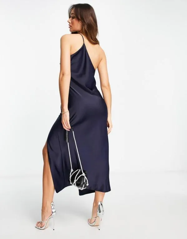 Rochie de seară ASOS EU 38 | Bleumarin, Midi, Bretele subțiri, Satinat - Image 3