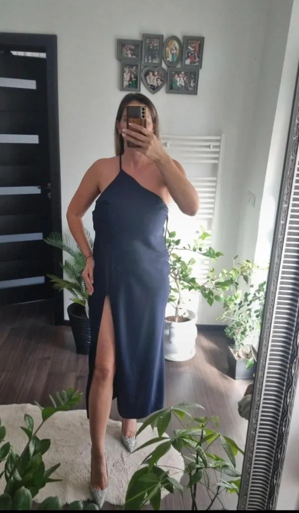 Rochie de seară ASOS EU 38 | Bleumarin, Midi, Bretele subțiri, Satinat - Image 5