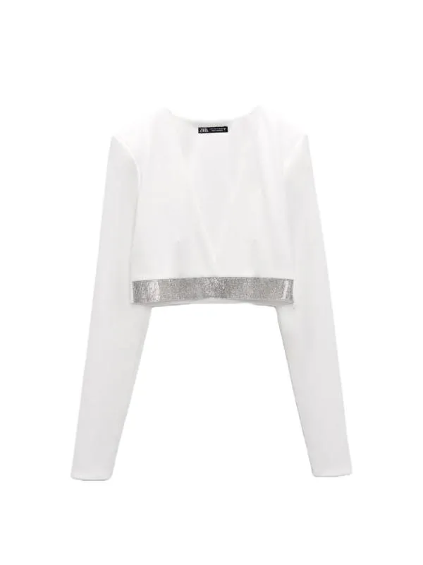 Top cropped Zara S | Alb, Cropped (Scurt), Mânecă lungă