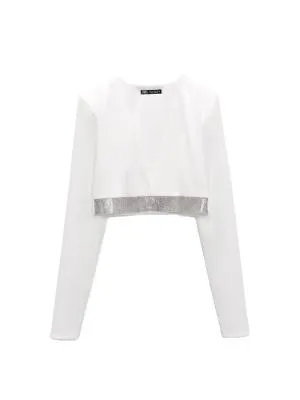 Top cropped Zara S | Alb, Cropped (Scurt), Mânecă lungă