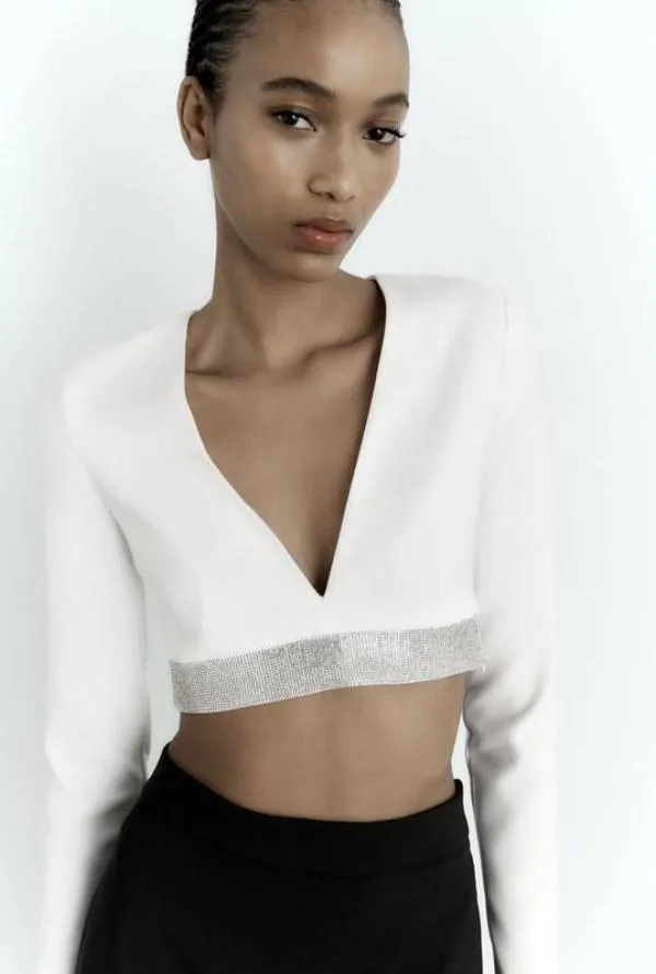 Top cropped Zara S | Alb, Cropped (Scurt), Mânecă lungă - Image 2