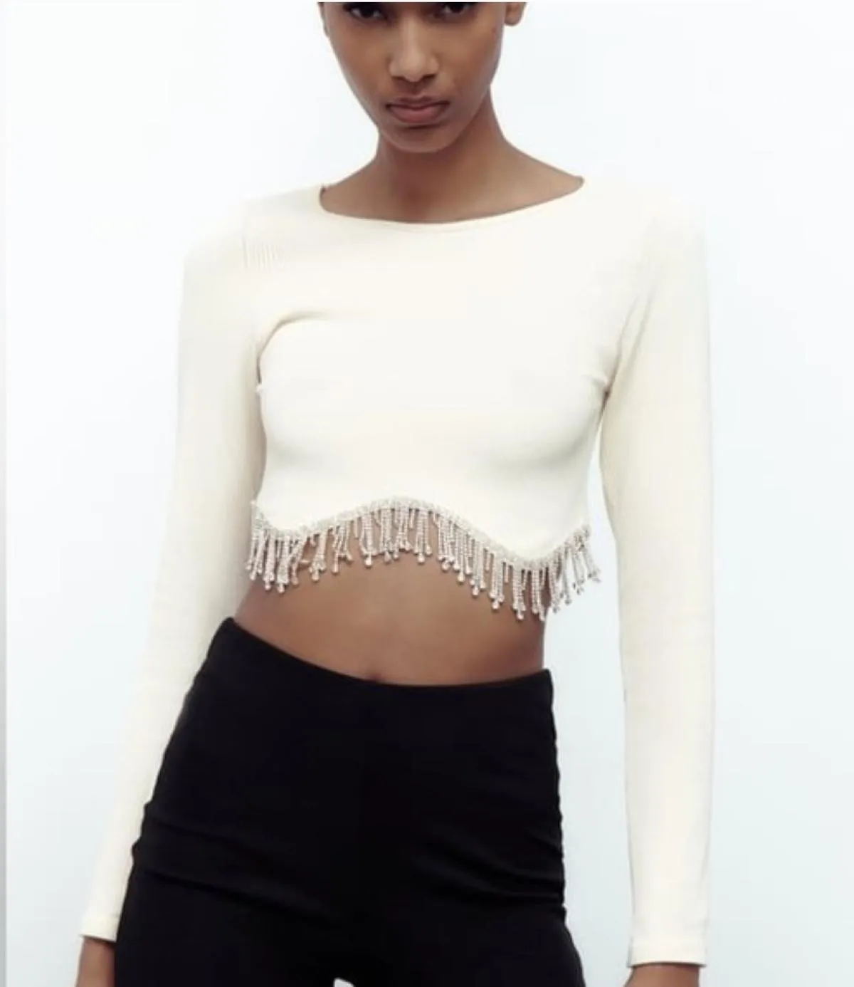 Top cropped Zara EU 34 | Crem, Cropped (Scurt), Mânecă lungă