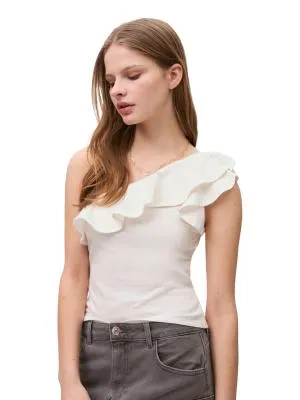 Top cropped Mango L | Bej, Cropped (Scurt), Pe un umăr, Volane