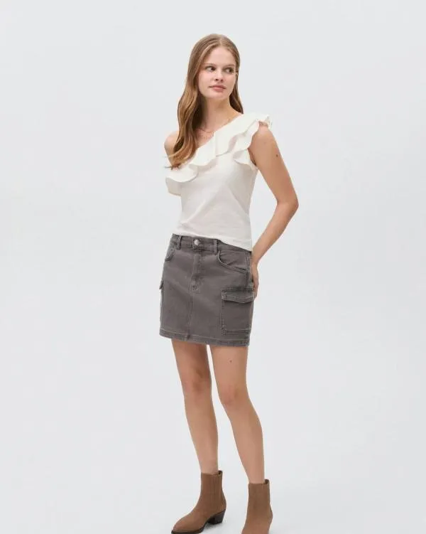 Top cropped Mango L | Bej, Cropped (Scurt), Pe un umăr, Volane - Image 3