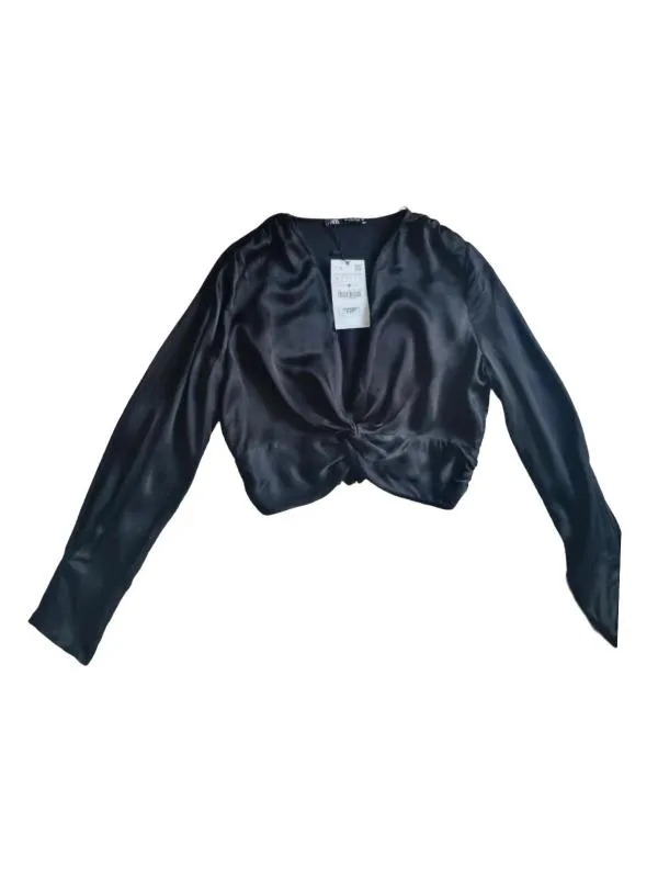 Top cropped Cropped (Scurt) Zara L | Negru, Mânecă lungă, Regular   Standard fit, Satinat