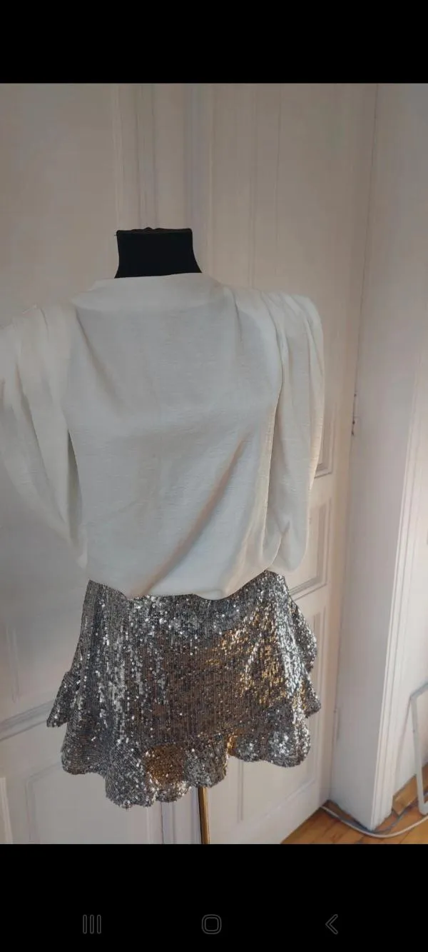 Top cu fustă-pantalon Bluzat EU 34 | Alb, Paiete - Image 2