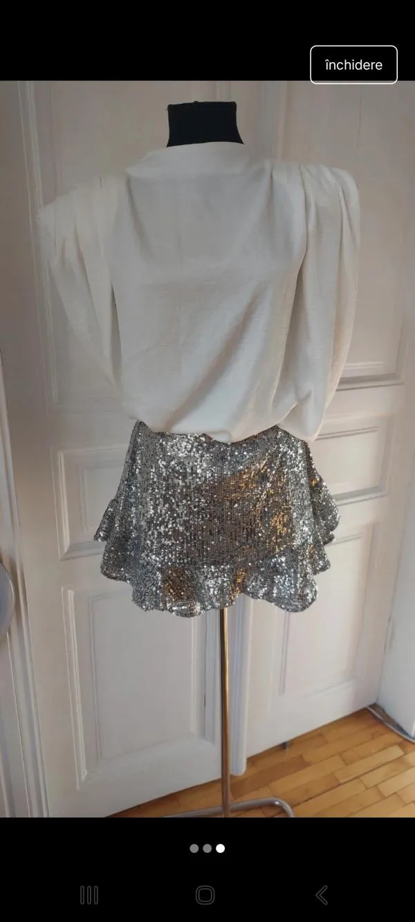 Top cu fustă-pantalon Bluzat EU 34 | Alb, Paiete - Image 3