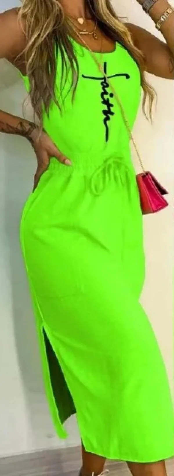 Rochie mulată NO BRAND EU 36 | Verde lime, Midi, Fără mâneci, Logo, Cu decupaje, Poliester